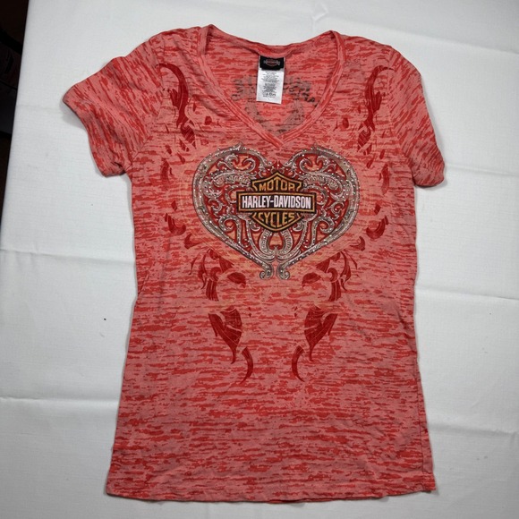 Vintage Y2K Harley‎ Davidson Womens T Shirt Top V Neck Heart Graphic Coral Large - Picture 1 of 8